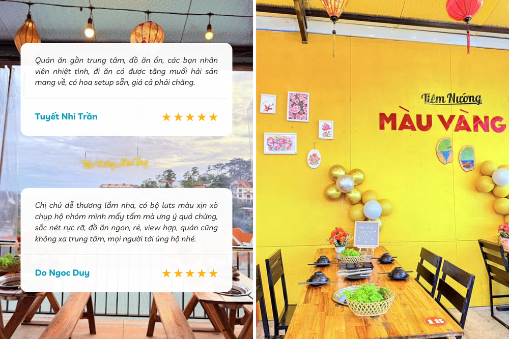 Kh&ocirc;ng gian qu&aacute;n c&oacute; m&agrave;u v&agrave;ng nổi bật, phong c&aacute;ch đơn giản, tho&aacute;ng m&aacute;t, đặc biệt c&oacute; tầm nh&igrave;n hướng n&uacute;i m&aacute;t mẻ